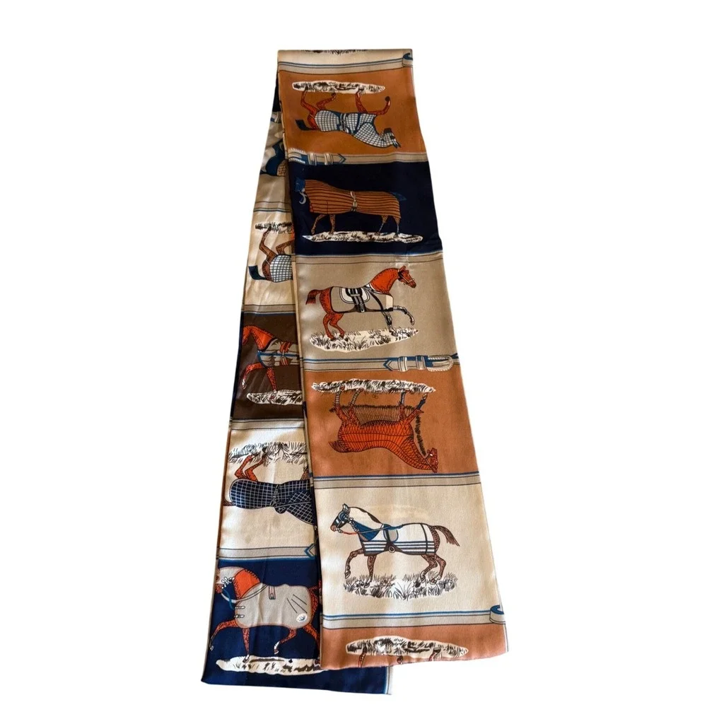Equestrian Horse Print Silk Scarf Navy Orange Cream Derby Quiet Money Race